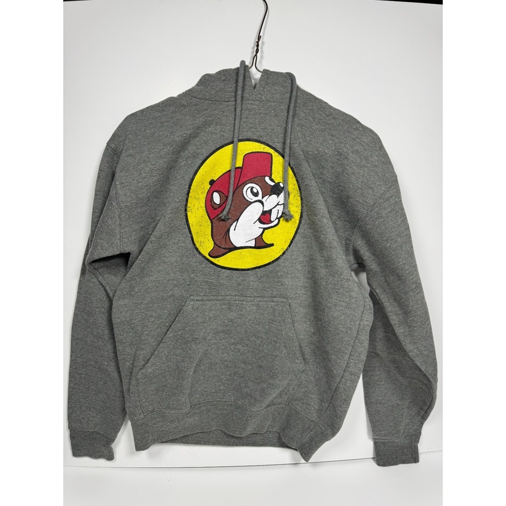 Buc-ee's Hoodie Mens Heather‎ Gray Graphic Print Logo Fleece Lined Ribbed Winter